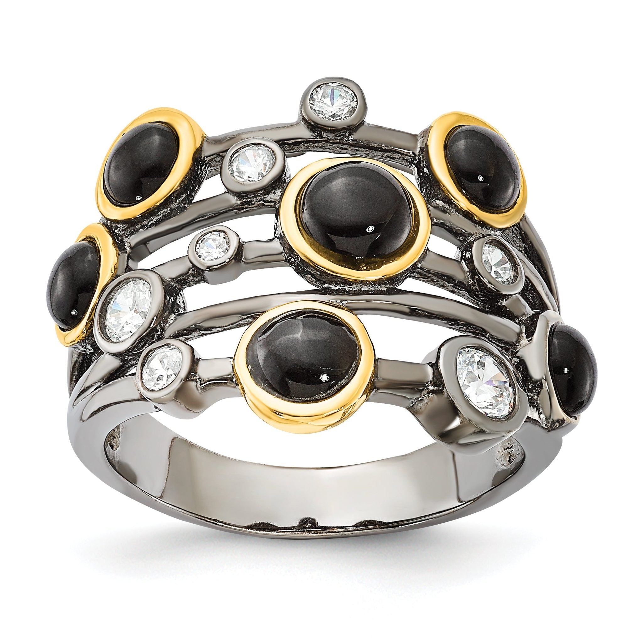 Cheryl M Sterling Silver Black Rhodium WithGold-Plating Onyx & CZ Ring Main image