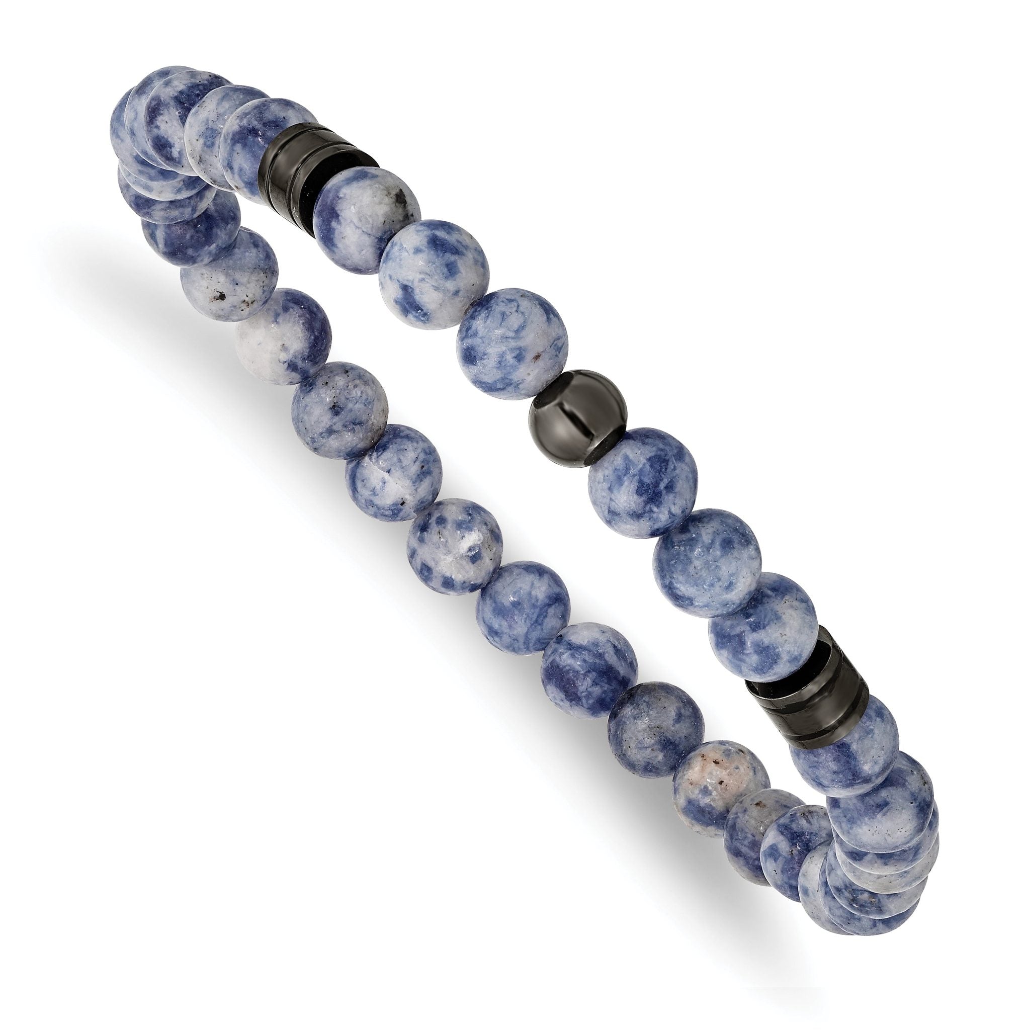 Stainless Steel Polished Gun Metal IP-plated 6-6.5mm Lapis Beaded Stretch Bracelet