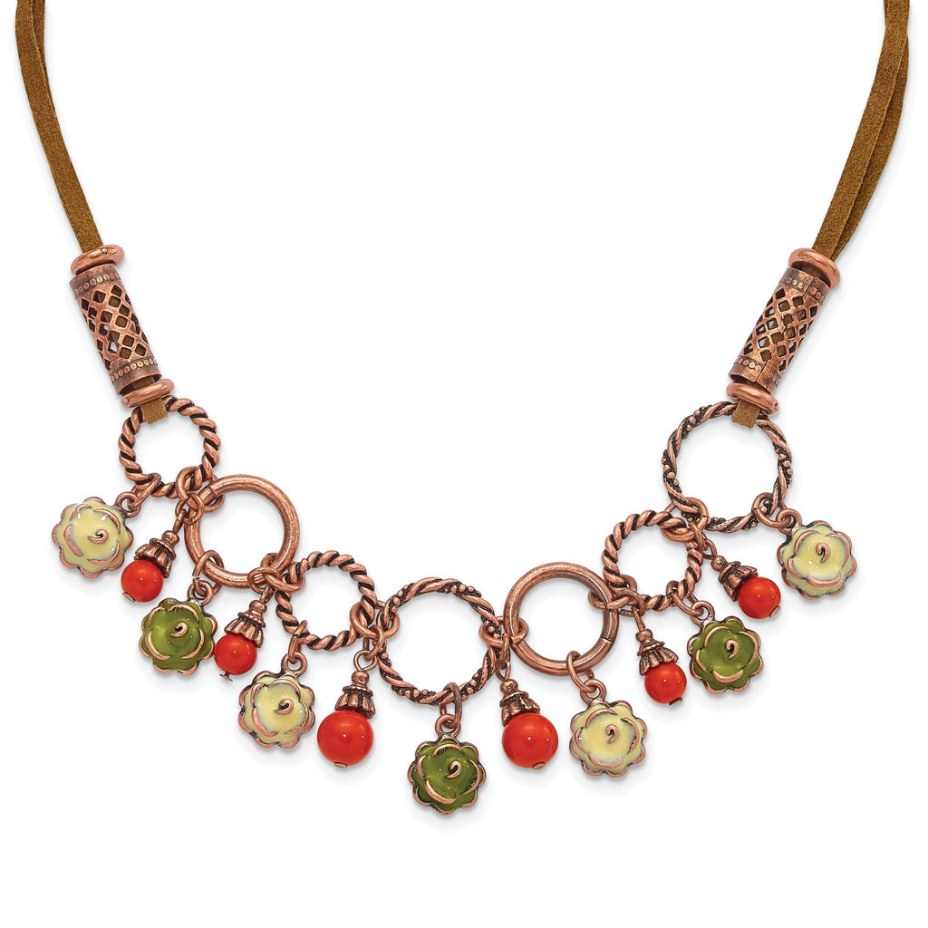 Floral Enamel & Bead Dangle Necklace in Copper-Tone Metal