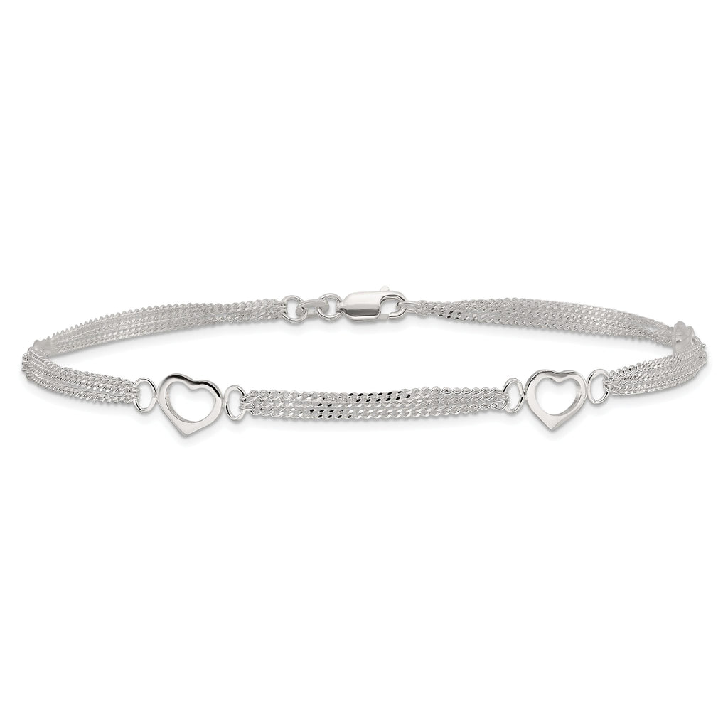 Sterling Silver Polished Heart Multi-Strand 9in Anklet