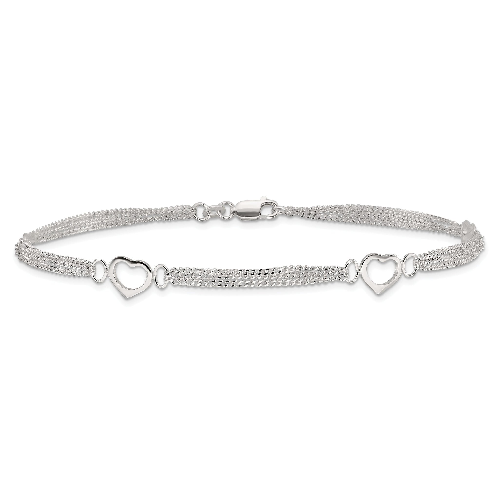 Sterling Silver Polished Heart Multi-Strand 9in Anklet
