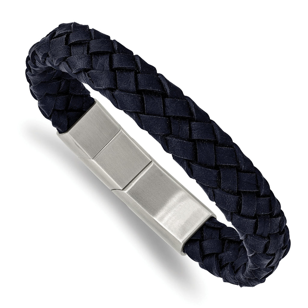 Stainless Steel Brushed Navy Blue Braided Leather Bracelet with . Extension for Men
