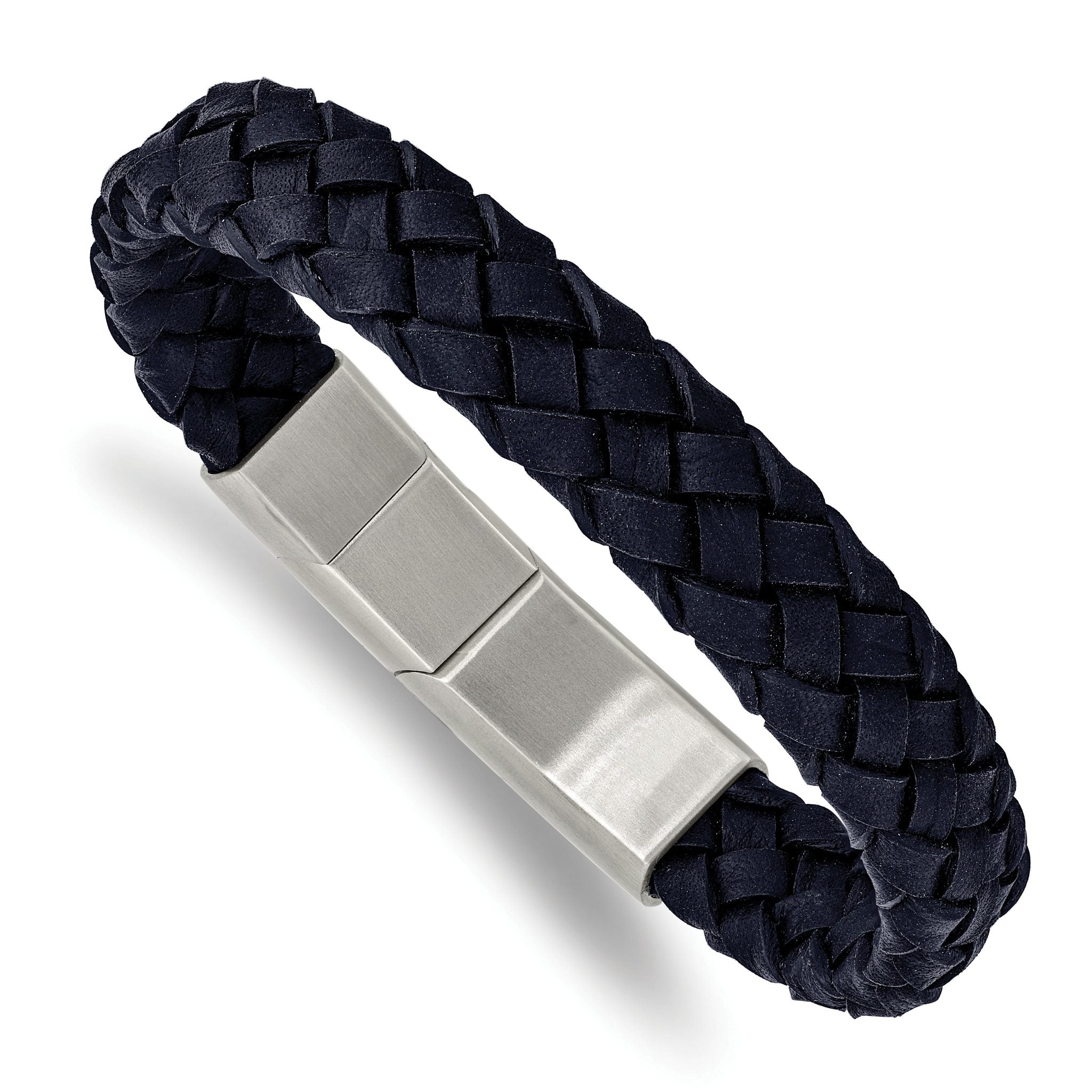 Stainless Steel Brushed Navy Blue Braided Leather Bracelet with . Extension for Men
