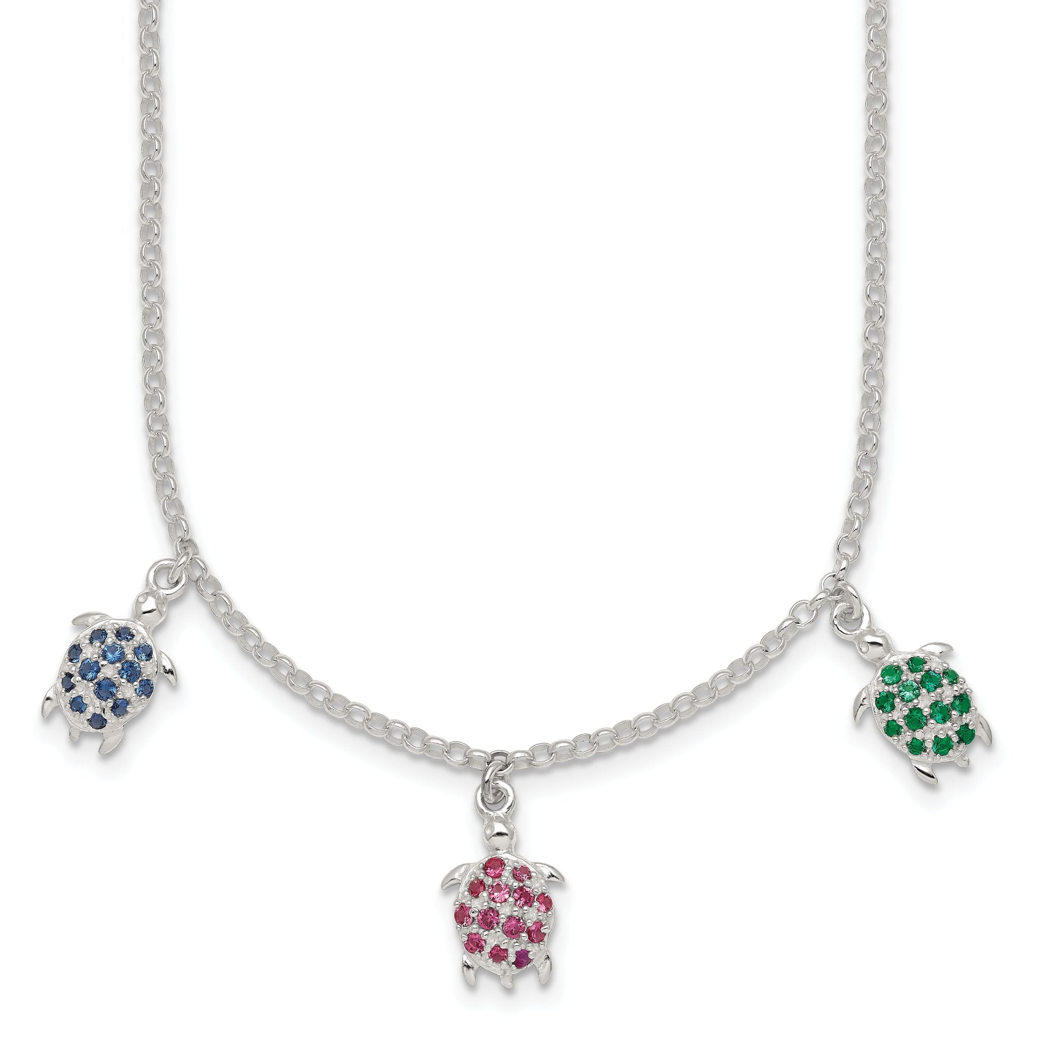 Sterling Silver Polished Green/Red/Blue Nano Crystal Turtles 16 inch Necklace Main image