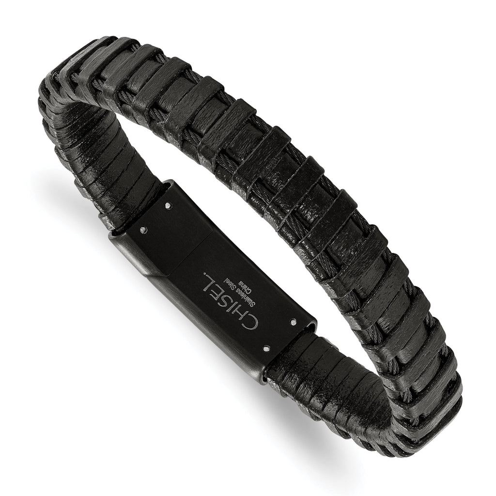Stainless Steel Polished Black IP-plated Cable and Black Leather Bracelet for Men