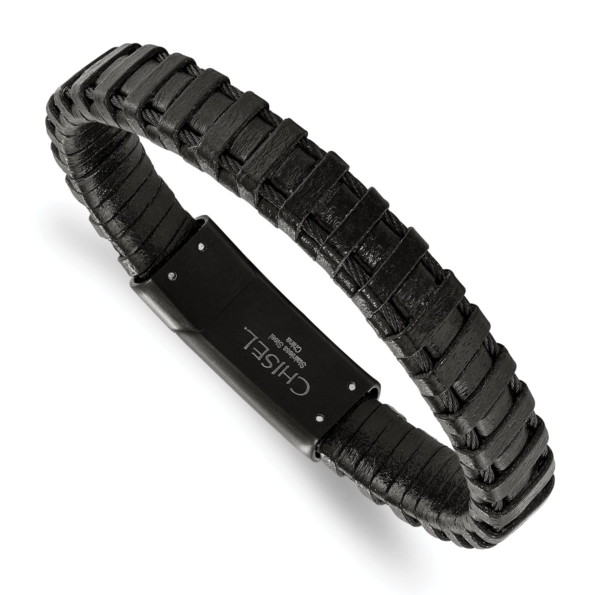 Stainless Steel Polished Black IP-plated Cable and Black Leather Bracelet for Men