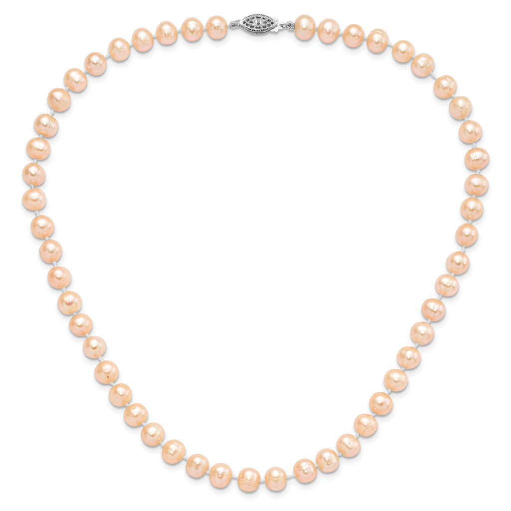 Sterling Silver Rhodium-plated 7-8mm Pink Near-Round Freshwater Cultured Pearl 16 inch Necklace