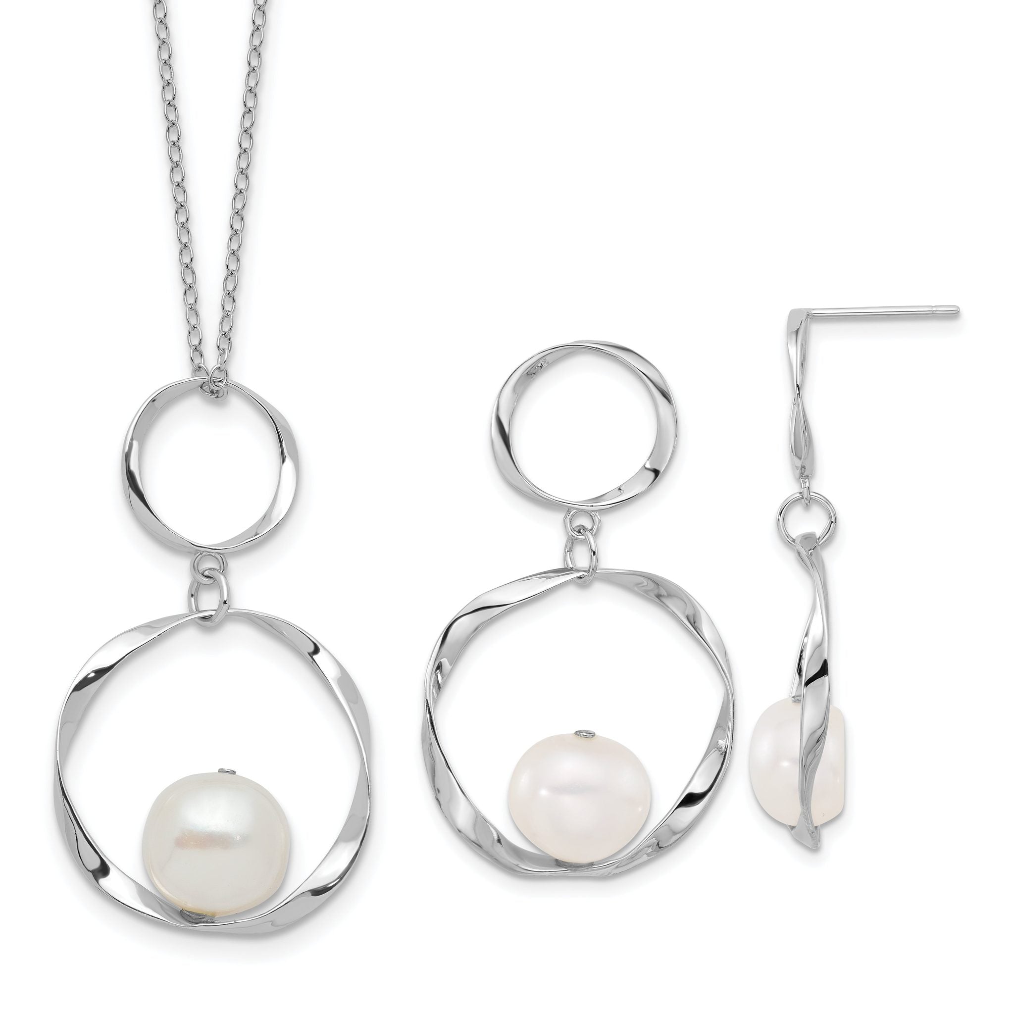 Sterling Silver Rhodium-plated 10-11mm White Button Freshwater Cultured Pearl 15.5 inch with 1.75 inch Necklace and Post Dangle Earrings Set Main image