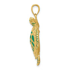 14K Gold 3D Sea Turtle Pendant with Green Enamel Detailing  Polished Finish