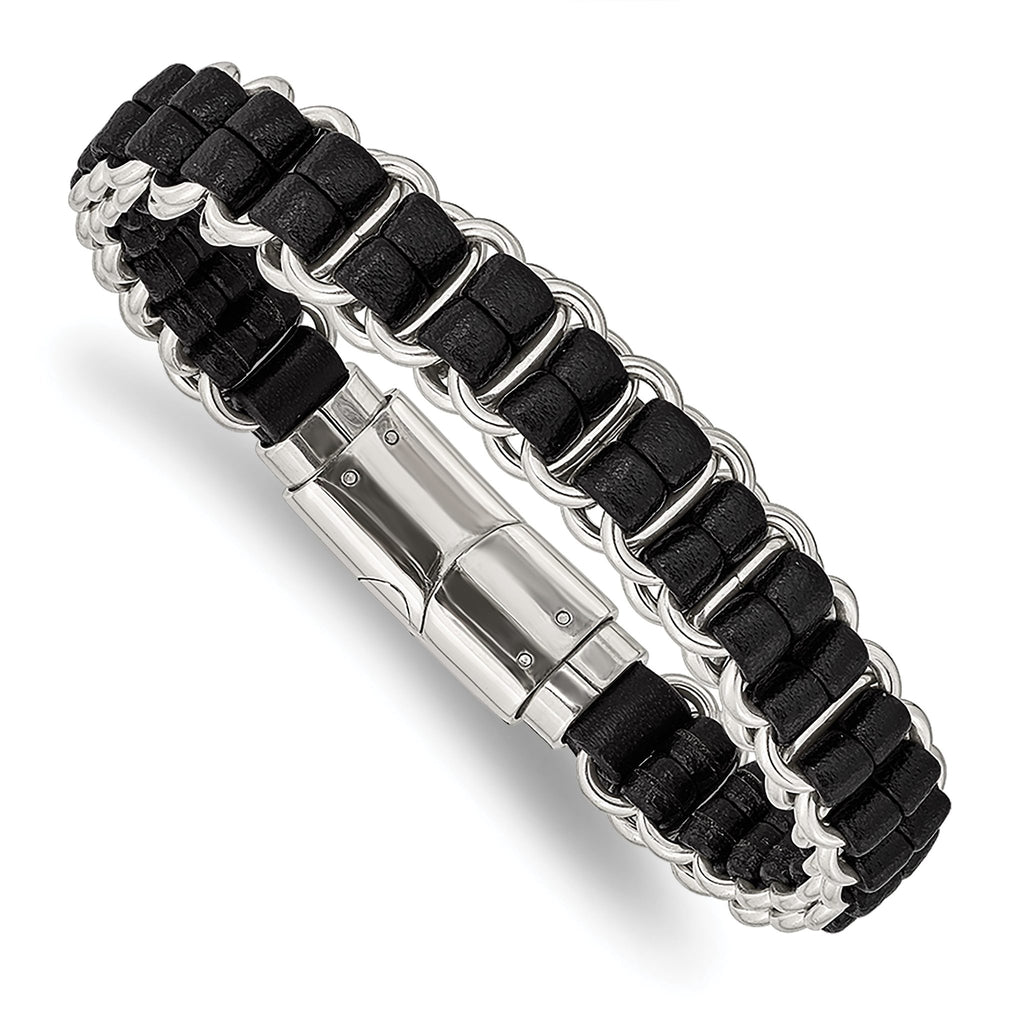 Stainless Steel Polished Black Leather Bracelet for Men