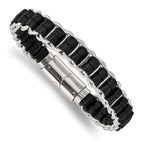 Stainless Steel Polished Black Leather Bracelet for Men
