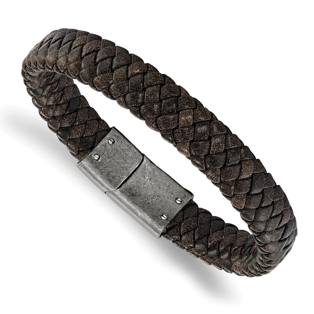 Stainless Steel Antiqued and Brushed Brown Braided Leather Bracelet for Men