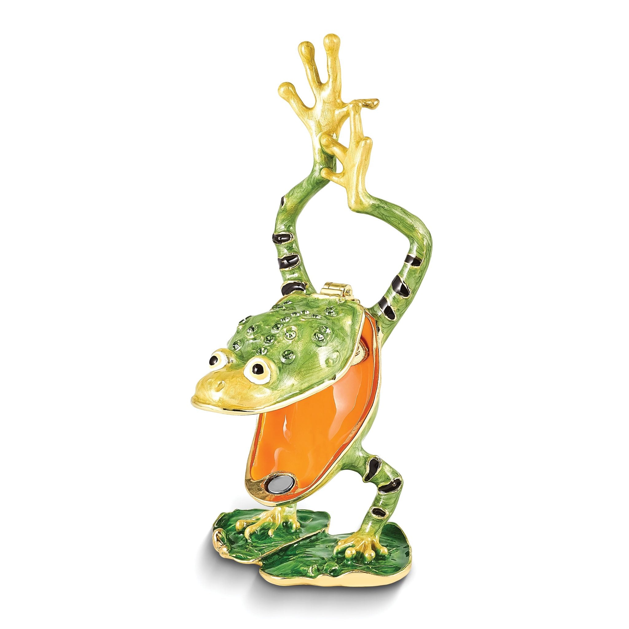 Luxury Giftware Pewter Bejeweled Crystals Gold-tone Enameled JENSEN Handstand Frog on Lily Pad Trinket Box with Matching 18 Inch Necklace Secondary image