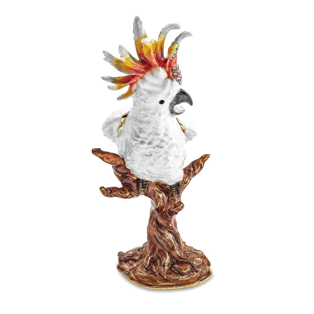 Luxury Giftware by Jere Pewter Bejeweled Crystals Gold-tone Enameled CARMEN Cockatoo Trinket Box with Matching 18 Inch Necklace