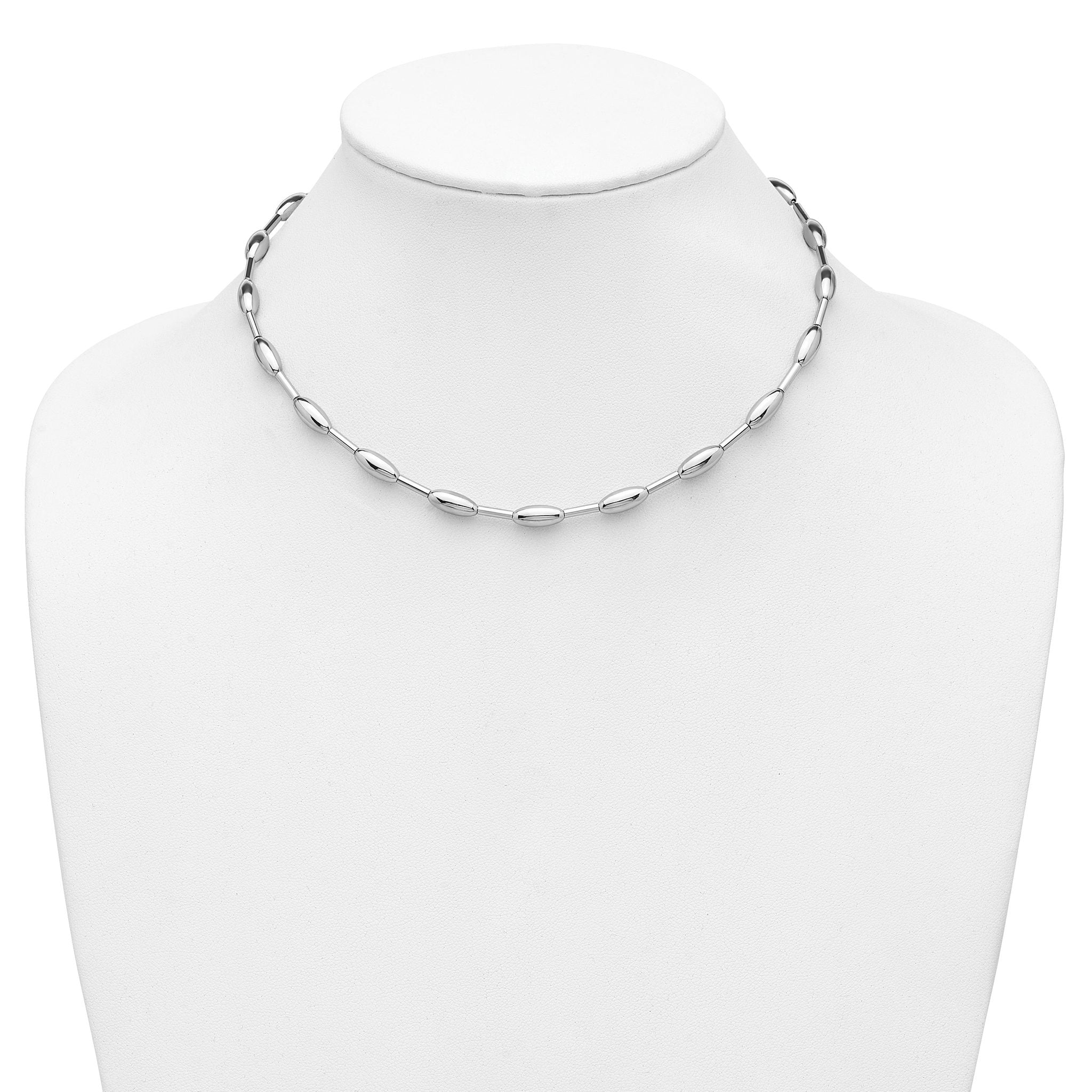 Sterling Silver RH-plat Polish Oval Beaded w/2in ext. Necklace