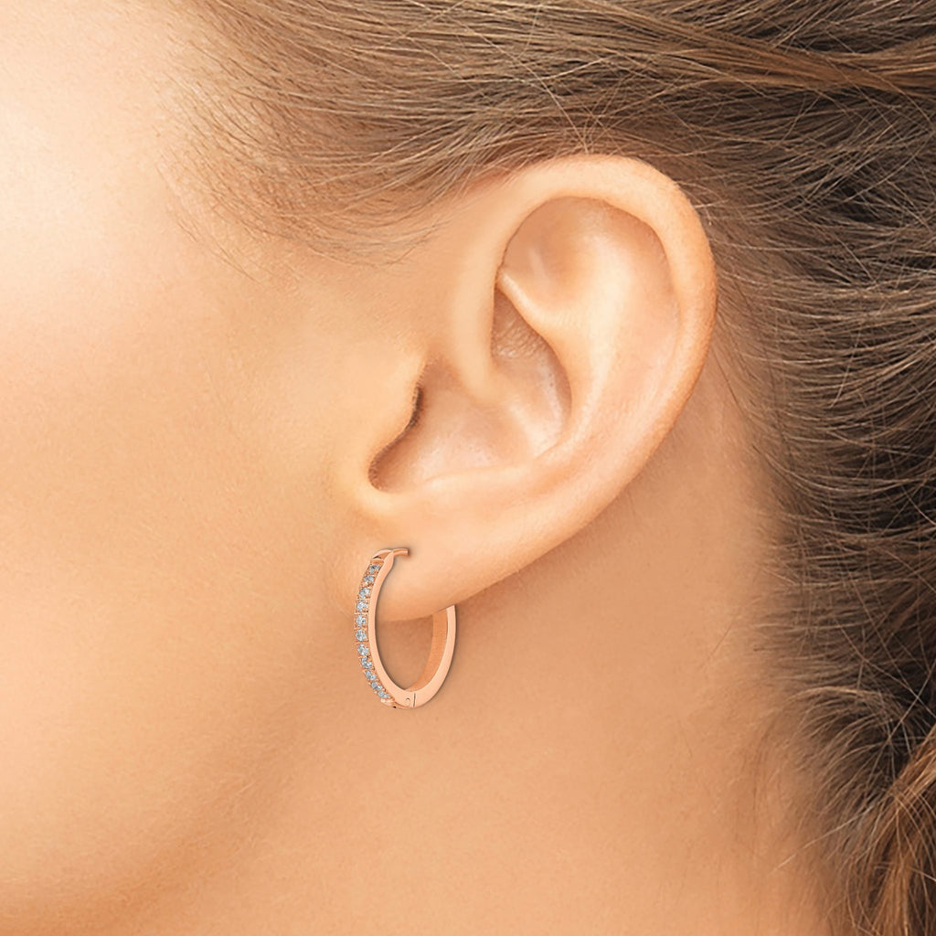Stainless Steel Rose Gold-Tone Polished Hinged Lab-Created Crystal Huggie Hoop Earrings
