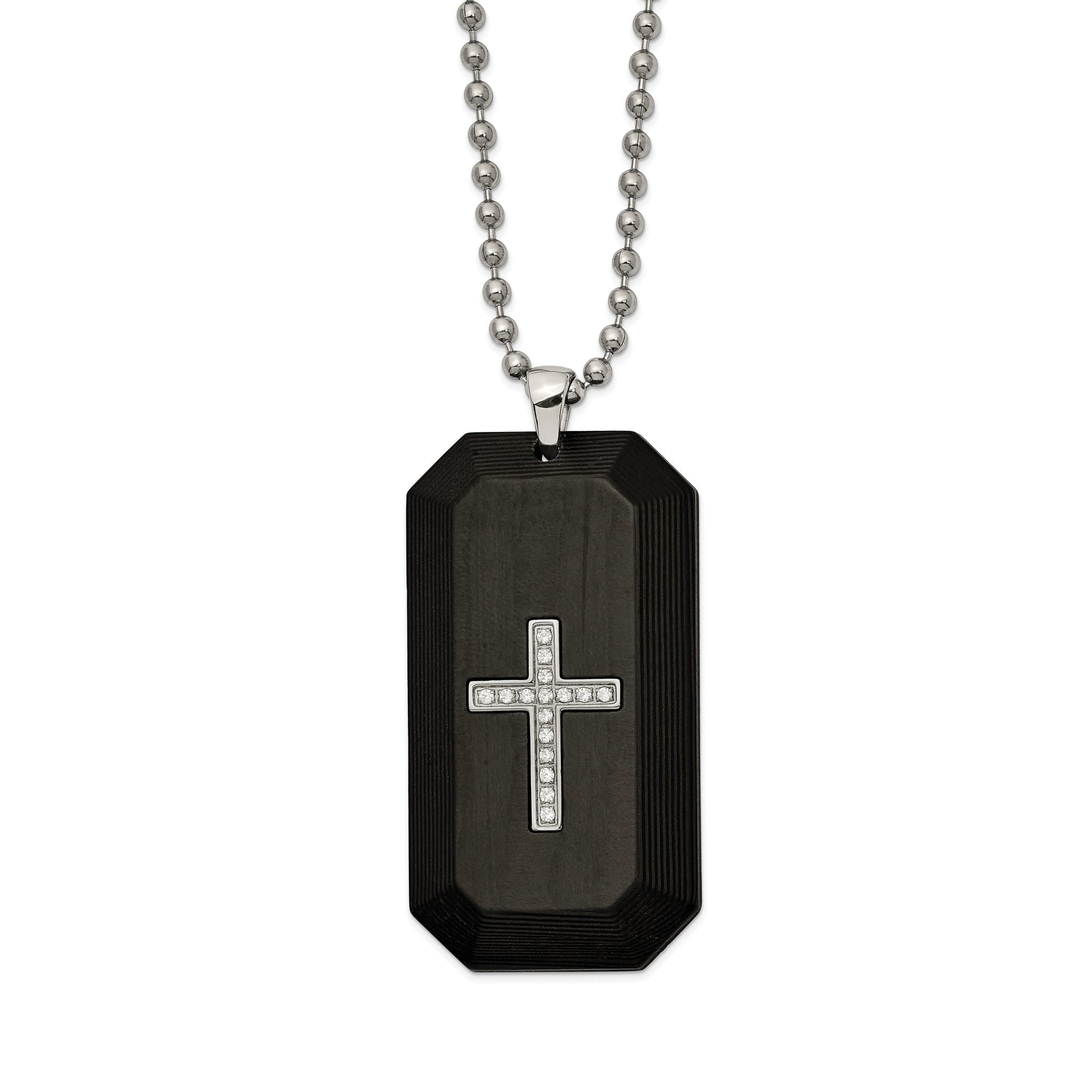 Chisel Stainless Steel Polished Solid Carbon Fiber with CZ Cross Dog Tag on a 24 inch Ball Chain Necklace Main image