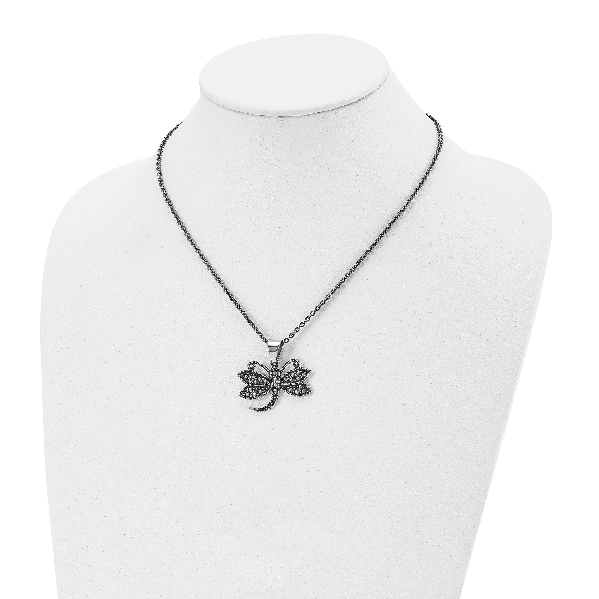 Marcasite Dragonfly Pendant Necklace in Stainless Steel