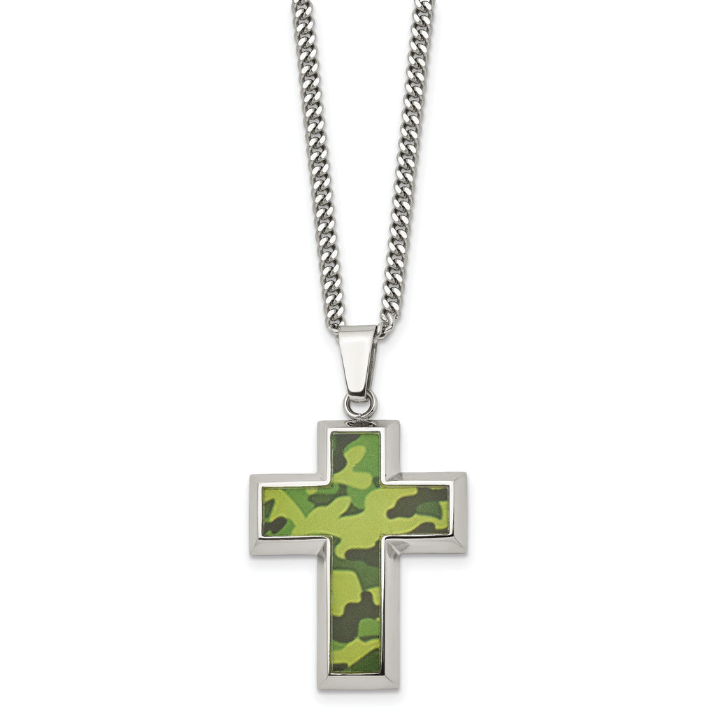 Stainless Steel Camo Cross Pendant Necklace with Engravable Back