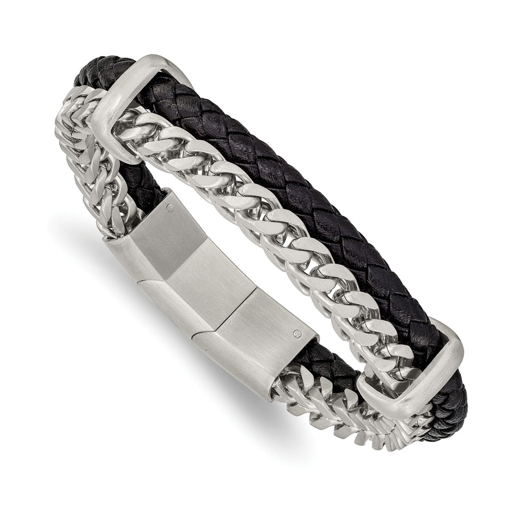 Stainless Steel Brushed Chian and Black Braided Leather Bracelet with . Extension for Men