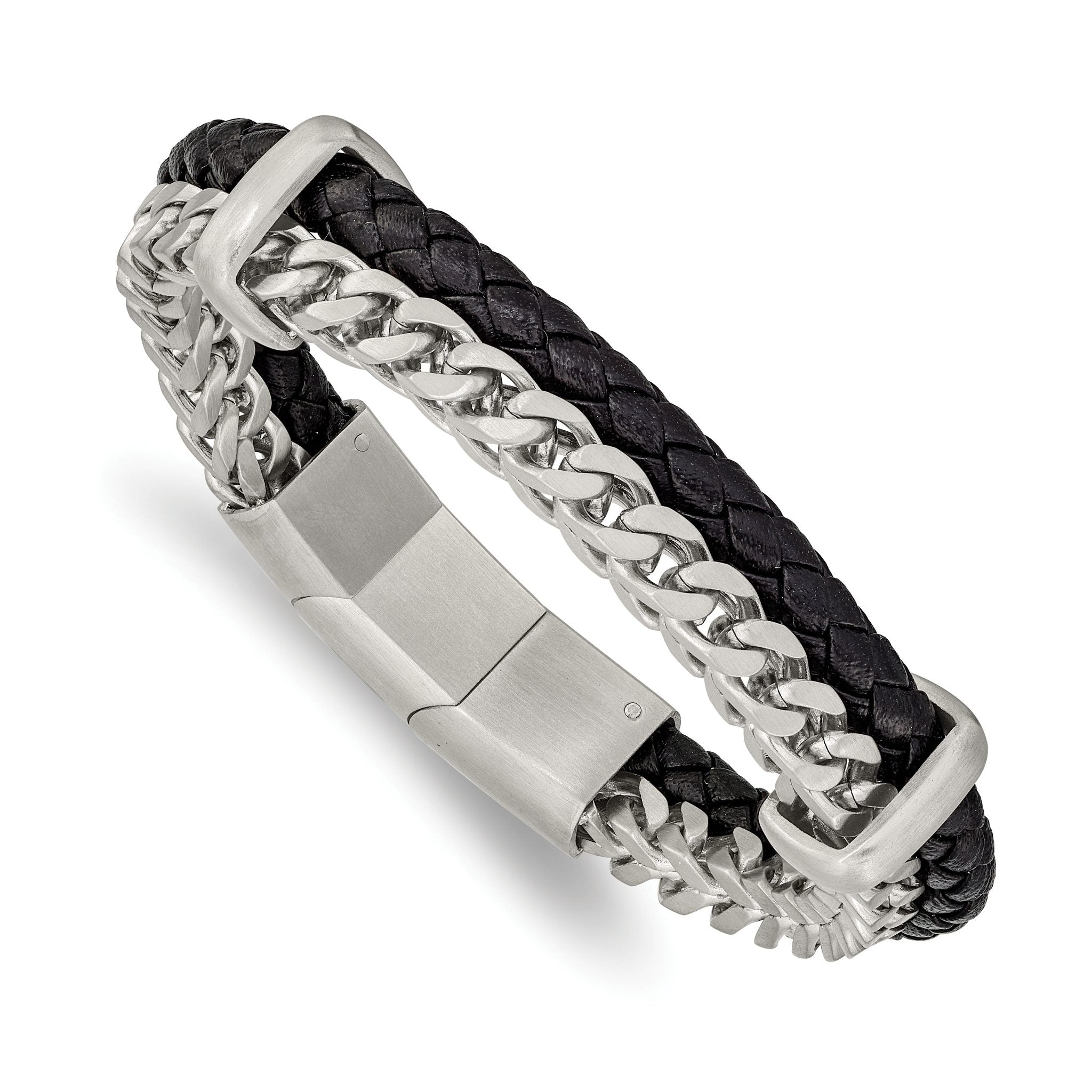 Stainless Steel Brushed Chian and Black Braided Leather Bracelet with . Extension for Men