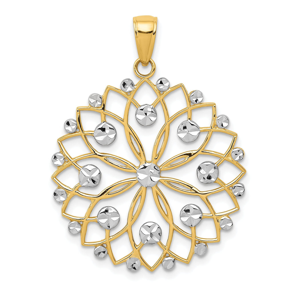 14K Yellow Gold and White Rhodium Diamond-Cut Flower Pendant  Elegant and Fancy Design