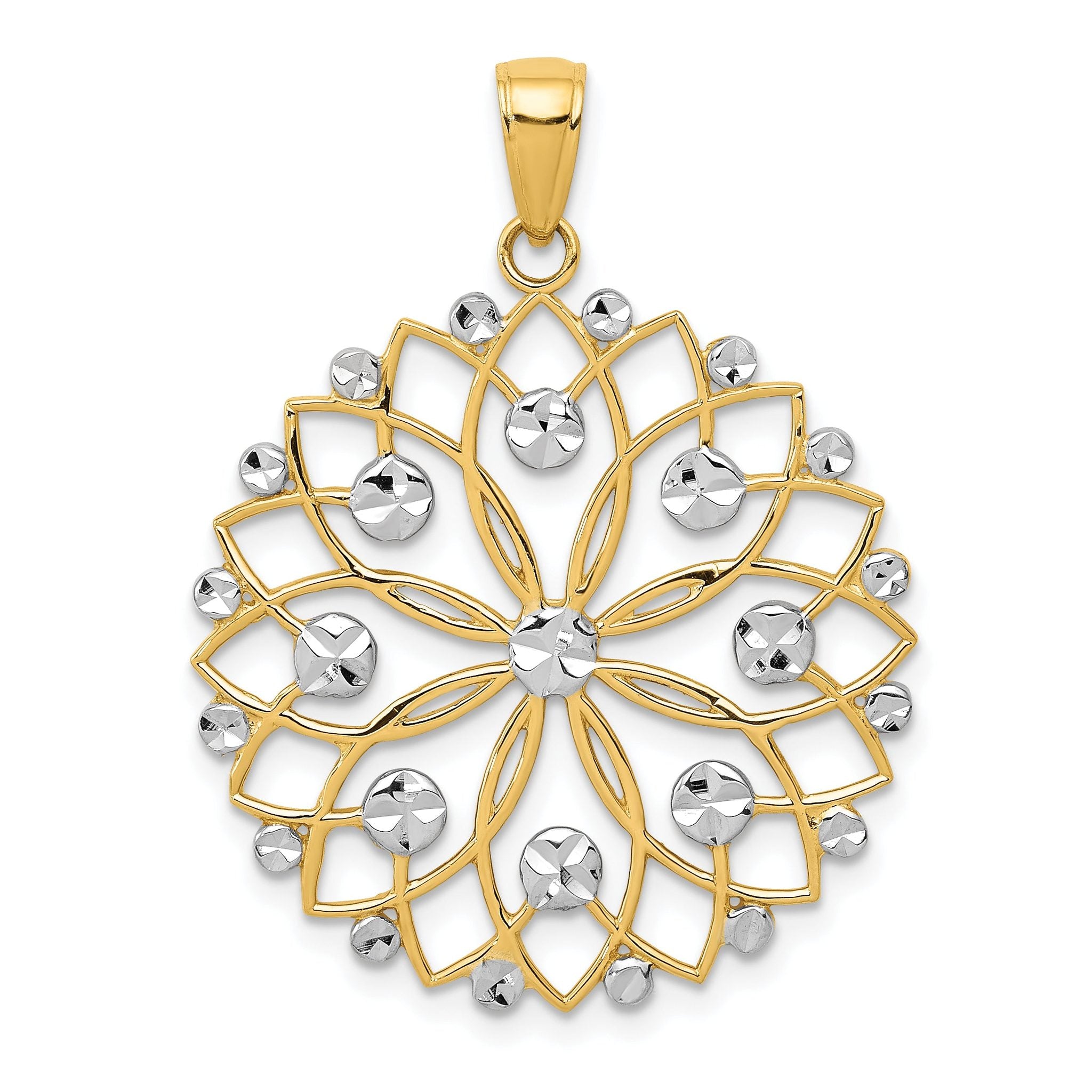 14K Yellow Gold and White Rhodium Diamond-Cut Flower Pendant  Elegant and Fancy Design