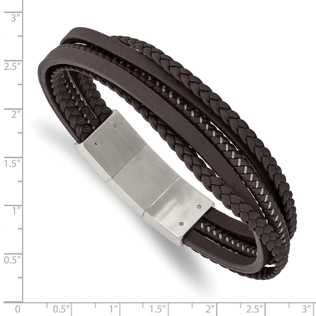 Stainless Steel Brushed Multi Strand Brown Braided Leather and Wire Bracelet with . Extension