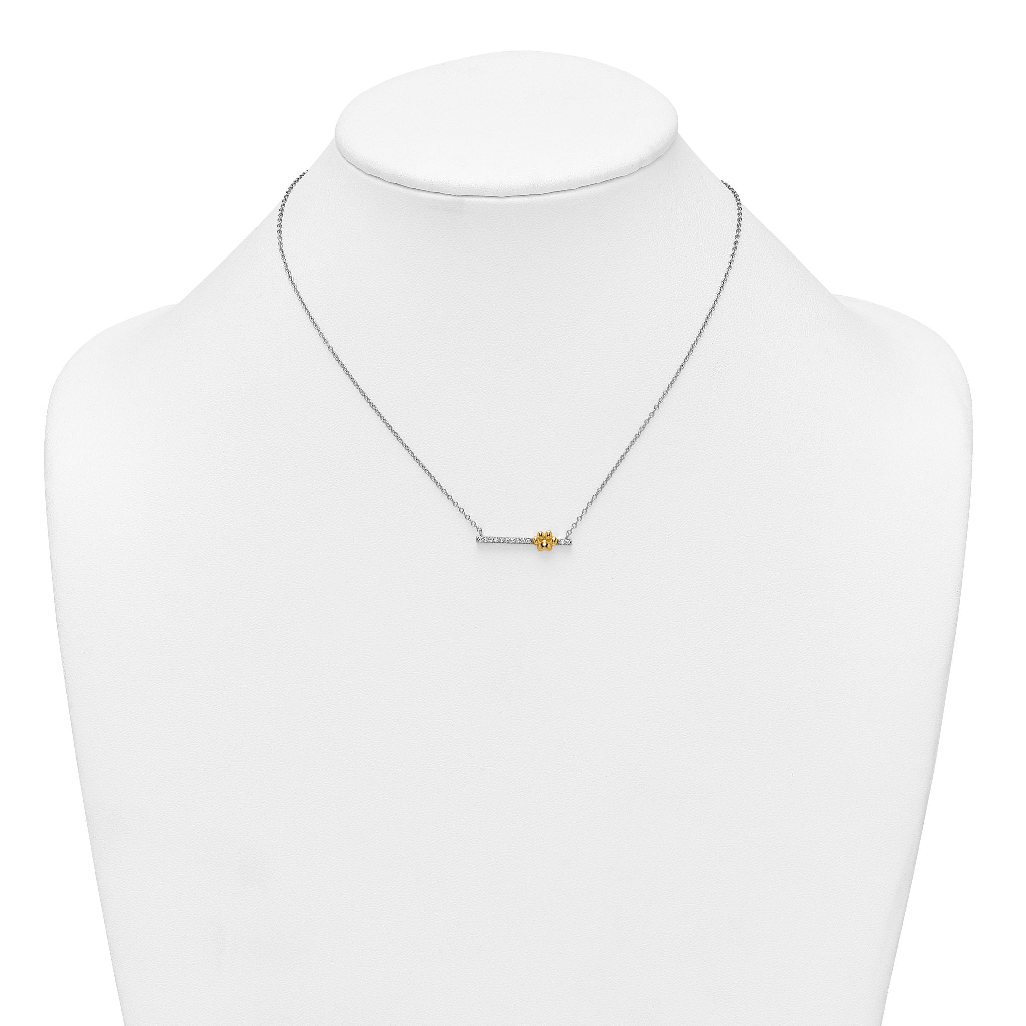 Sterling Silver Rhodium-plated and Gold-tone Polished CZ Pawprint Bar 16 Inch with 2 Inch Extension Necklace