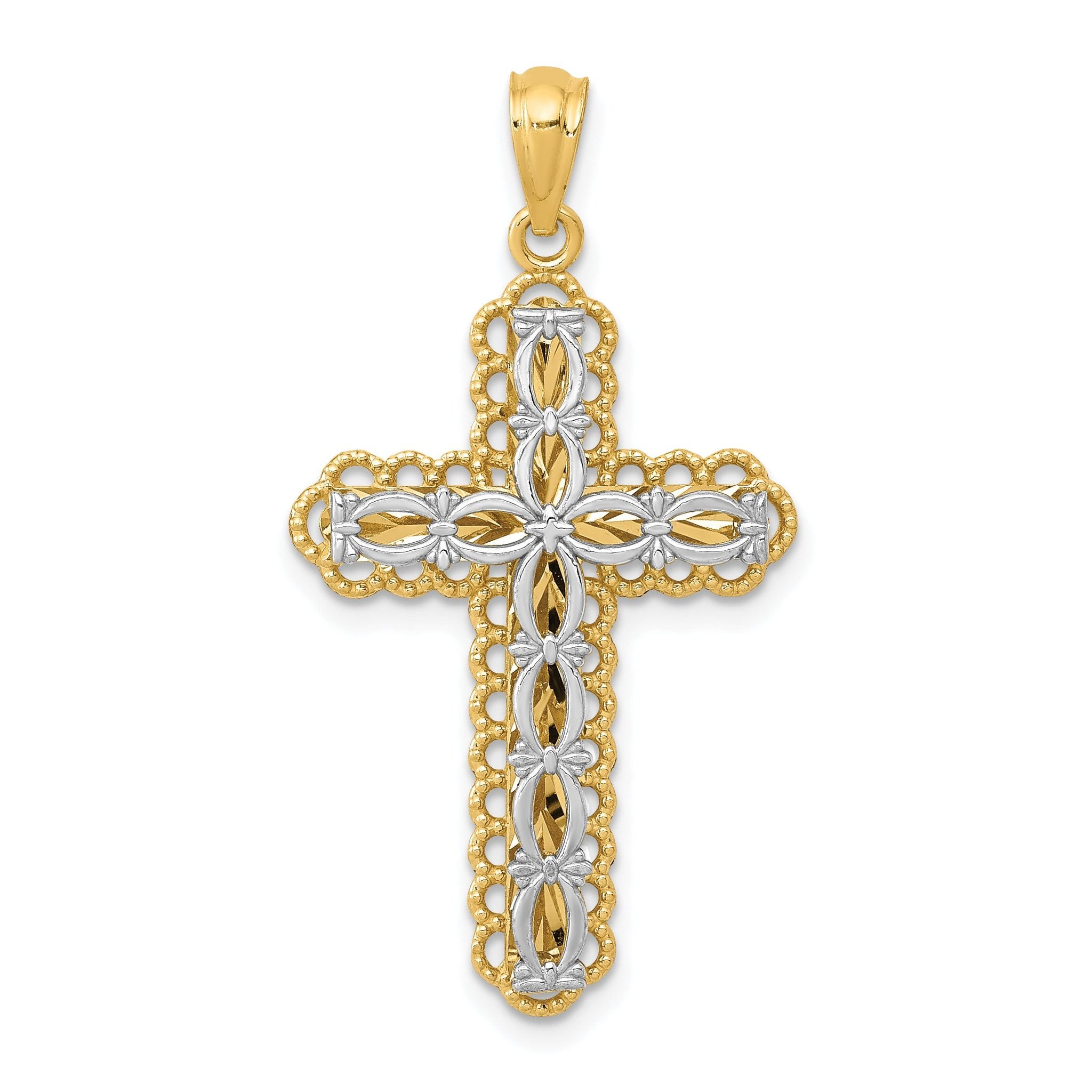 14K Two-Tone Gold Polished Cross Pendant with Elegant Layered Design