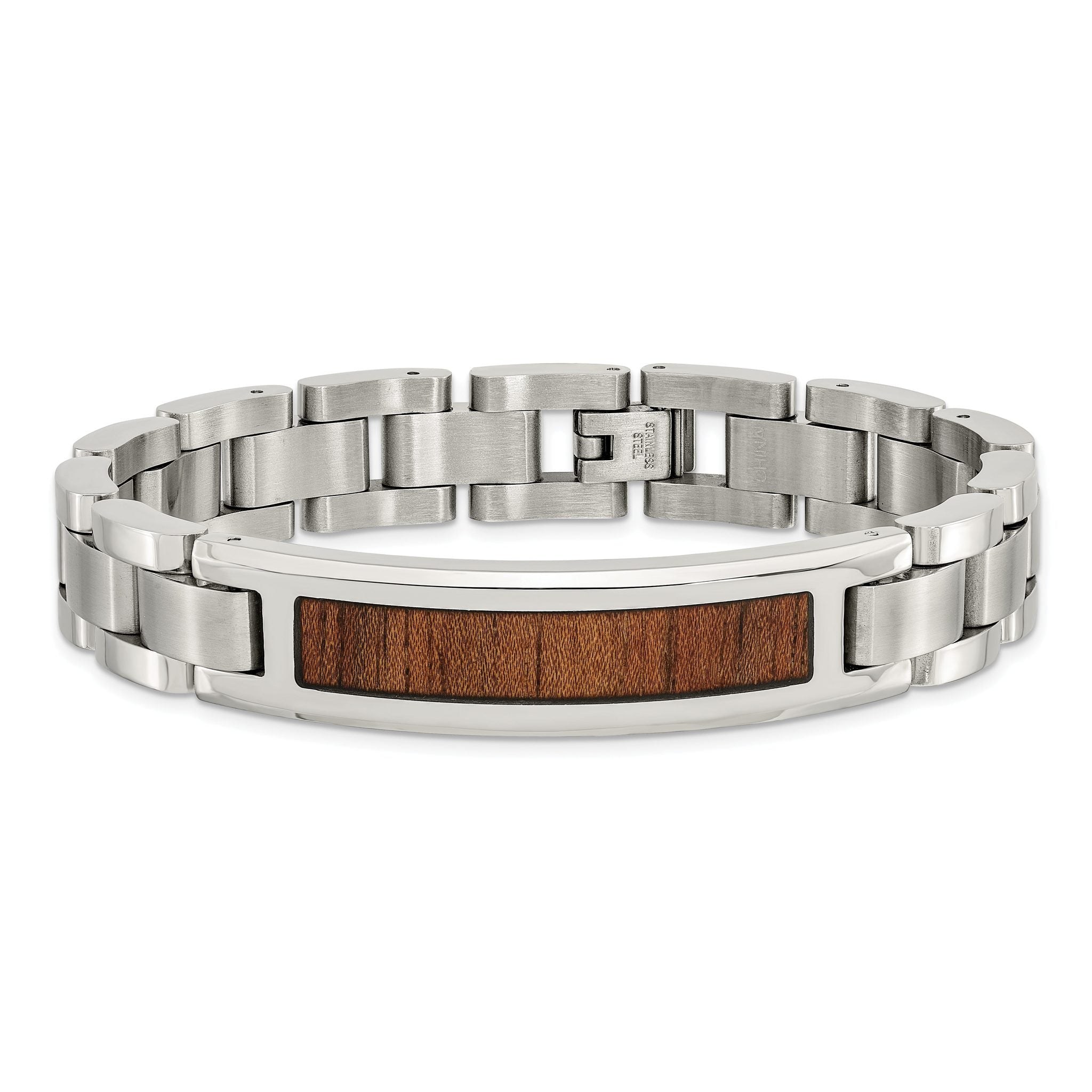 Stainless Steel Brushed and Polished Enameled with Koa Wood Inlay Link ID Bracelet for Men