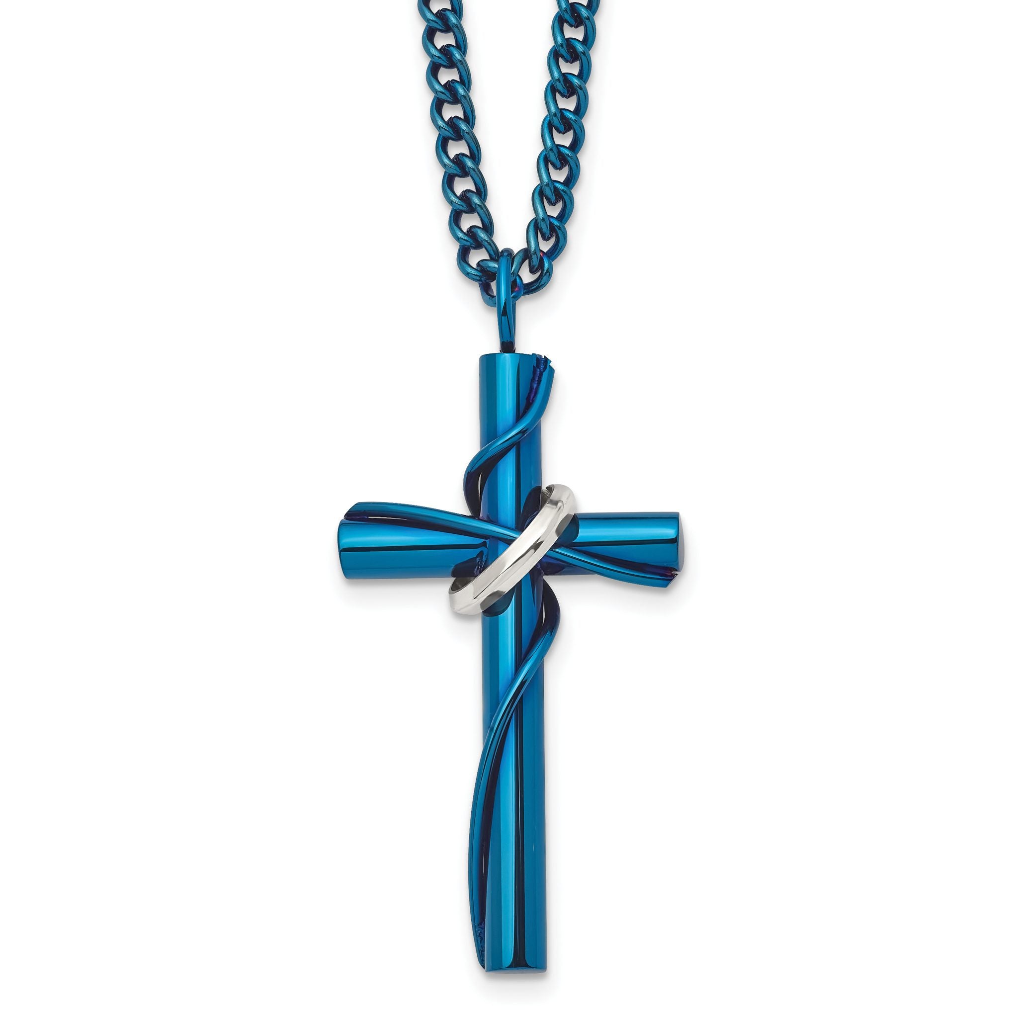 Chisel Stainless Steel Polished Blue IP-plated Cross with Moveable Ring Pendant on a 24 inch Curb Chain Necklace Main image