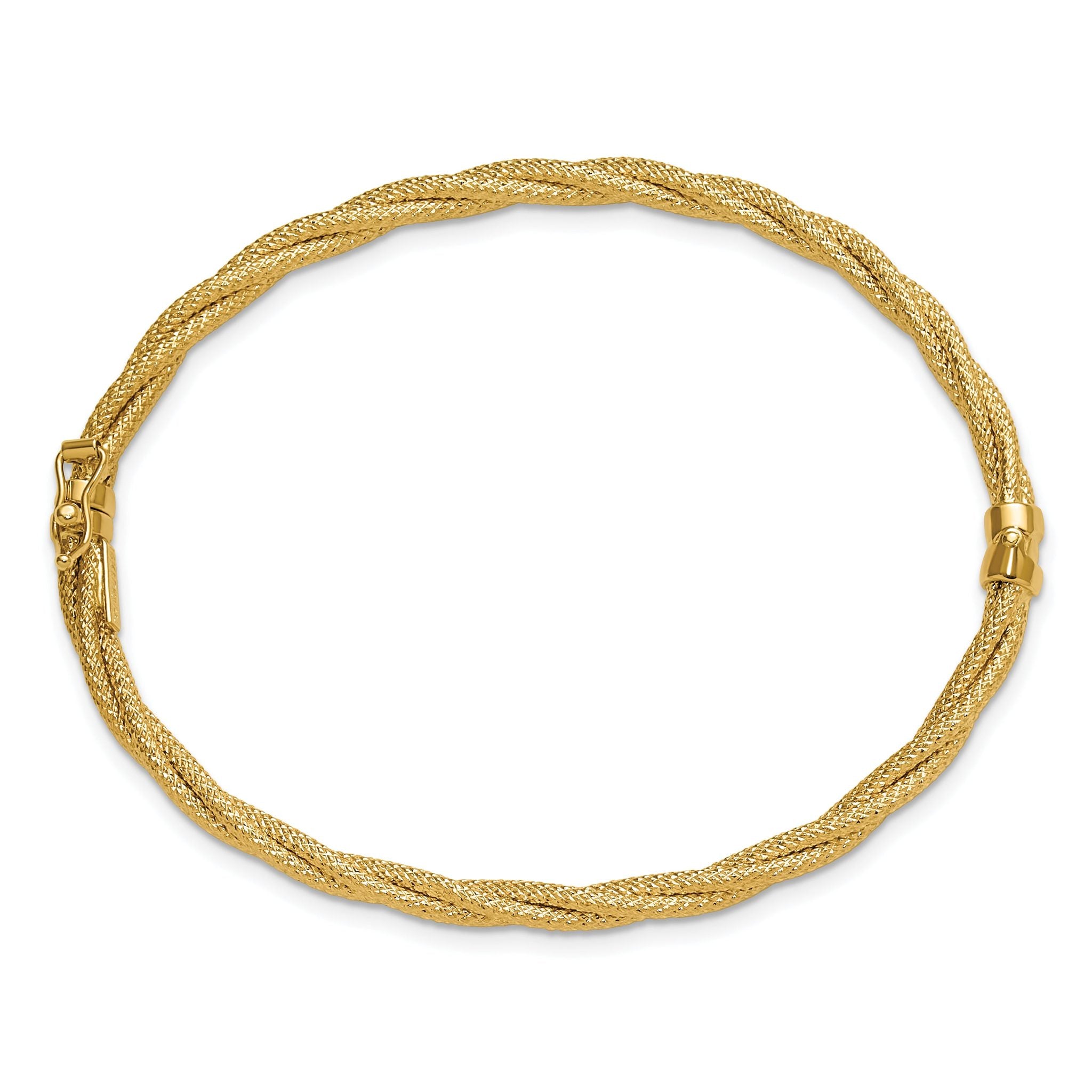 14K Polished and Textured Twisted Hinged Bangle