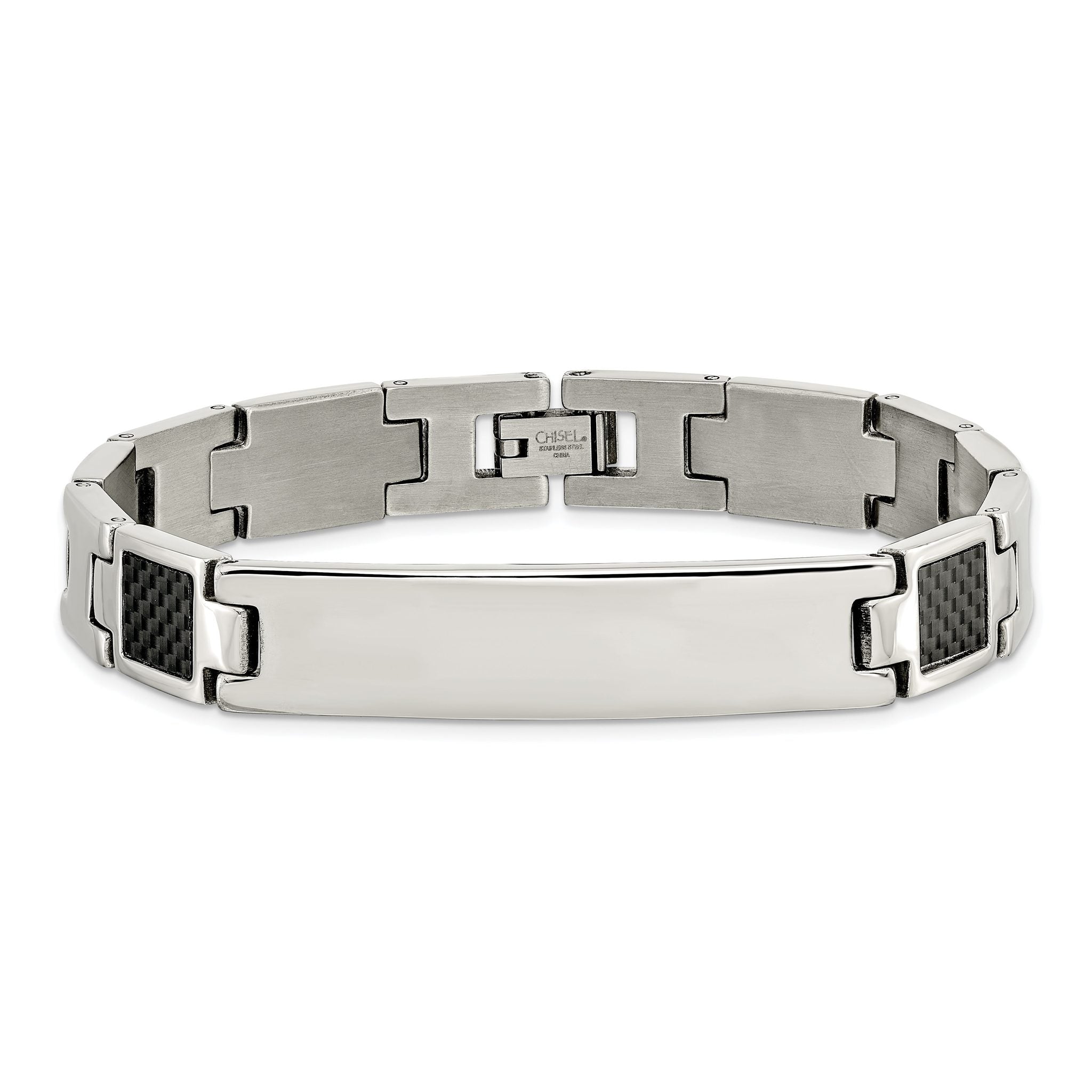 Stainless Steel Brushed and Polished Black Carbon Fiber Inlay ID Bracelet for Men