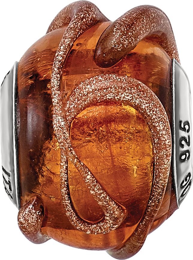 Sterling Silver 925 Italian Glass Bead with Textured Brown Design