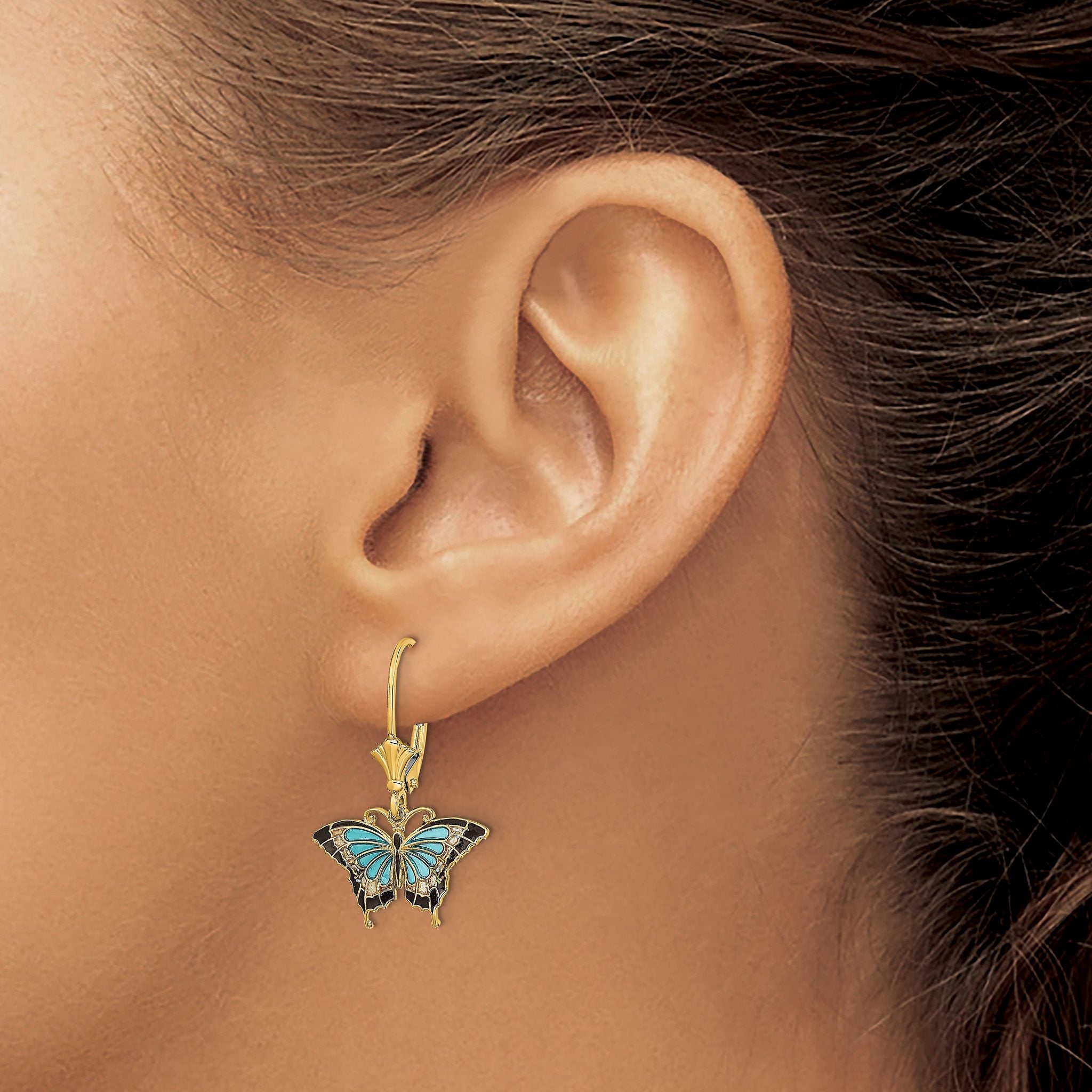 14K with Aqua and Black Enameled Wings Butterfly Dangle Leverback Earrings Secondary image