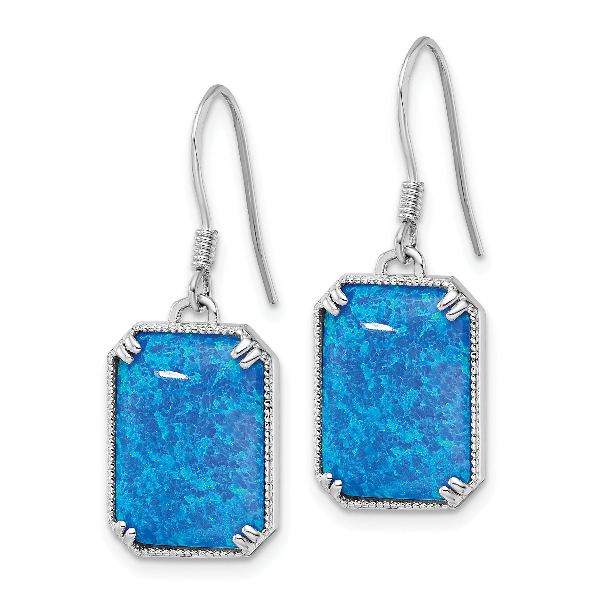 Sterling Silver RH-plated Blue Created Opal Beaded Border Earrings Secondary image