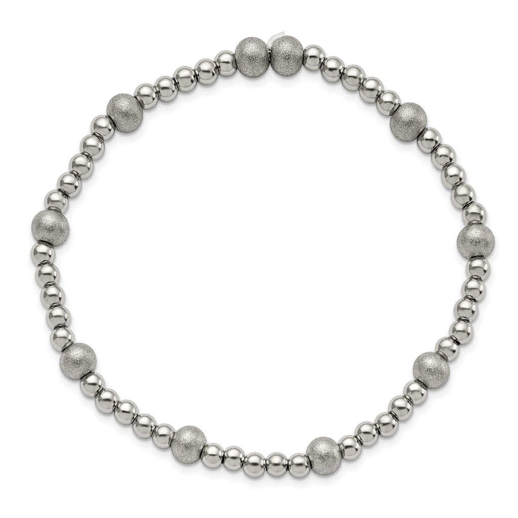 Stainless Steel Polished 4-6mm Sandblasted Beaded Stretch Bracelet for Women