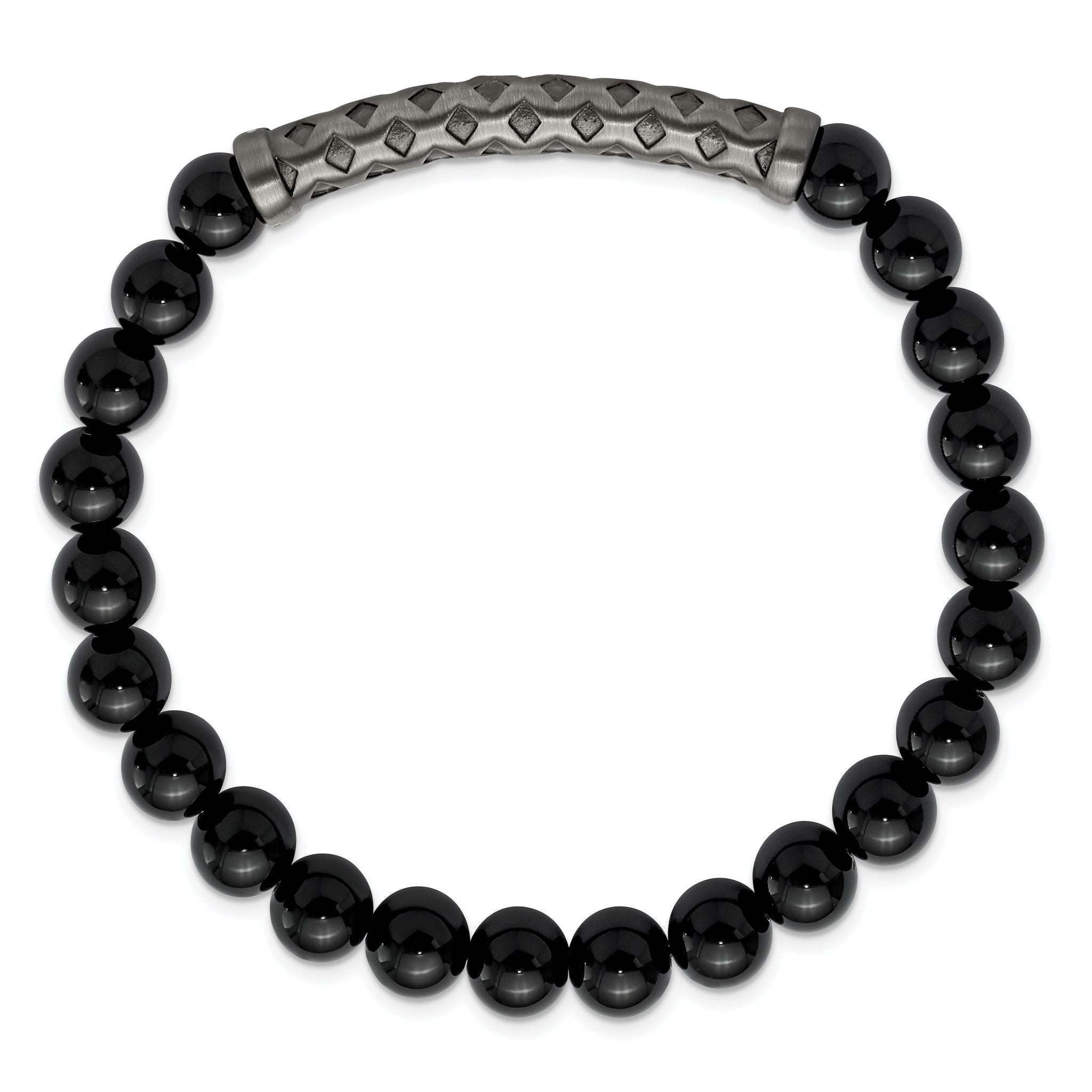 Stainless Steel Antiqued White Bronze-plated 8.5mm Black Agate 8.5mm Stretch Bracelet Secondary image