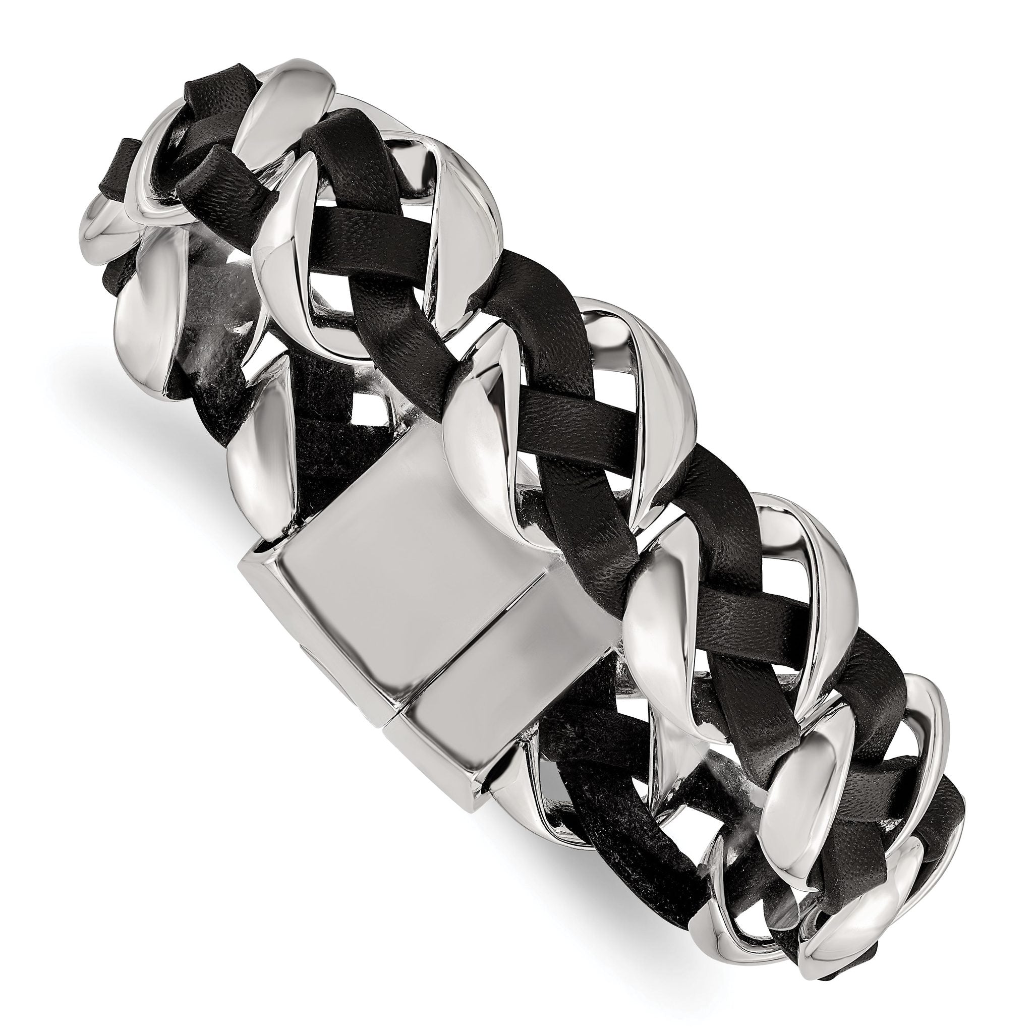 Stainless Steel Polished Black Braided Leather Bracelet for Men Main image