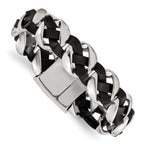 Stainless Steel Polished Black Braided Leather Bracelet for Men