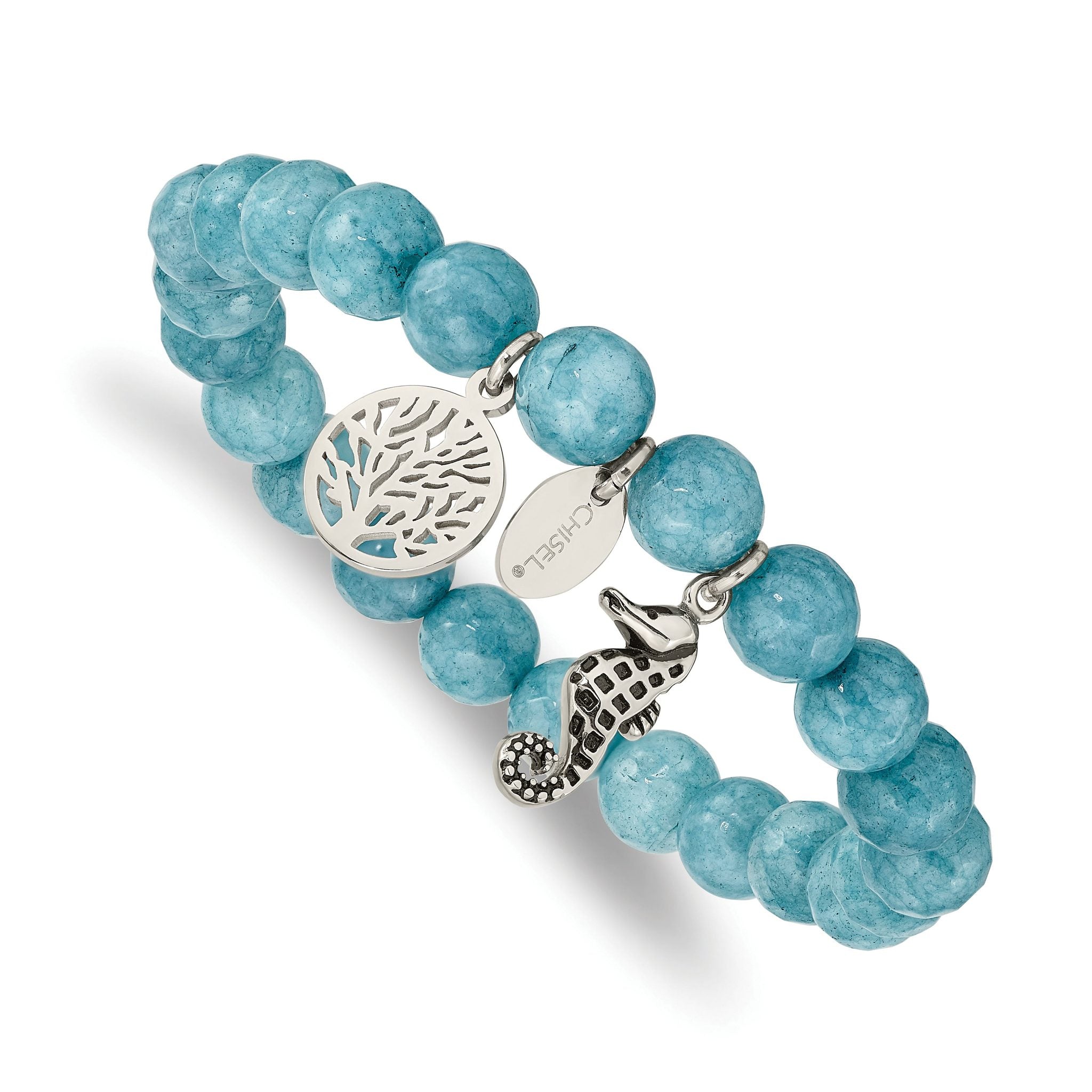 Stainless Steel Antiqued and Polished Seahorse and Tree of Life 8mm Blue Dyed Jade Beaded Stretch Bracelet for Women