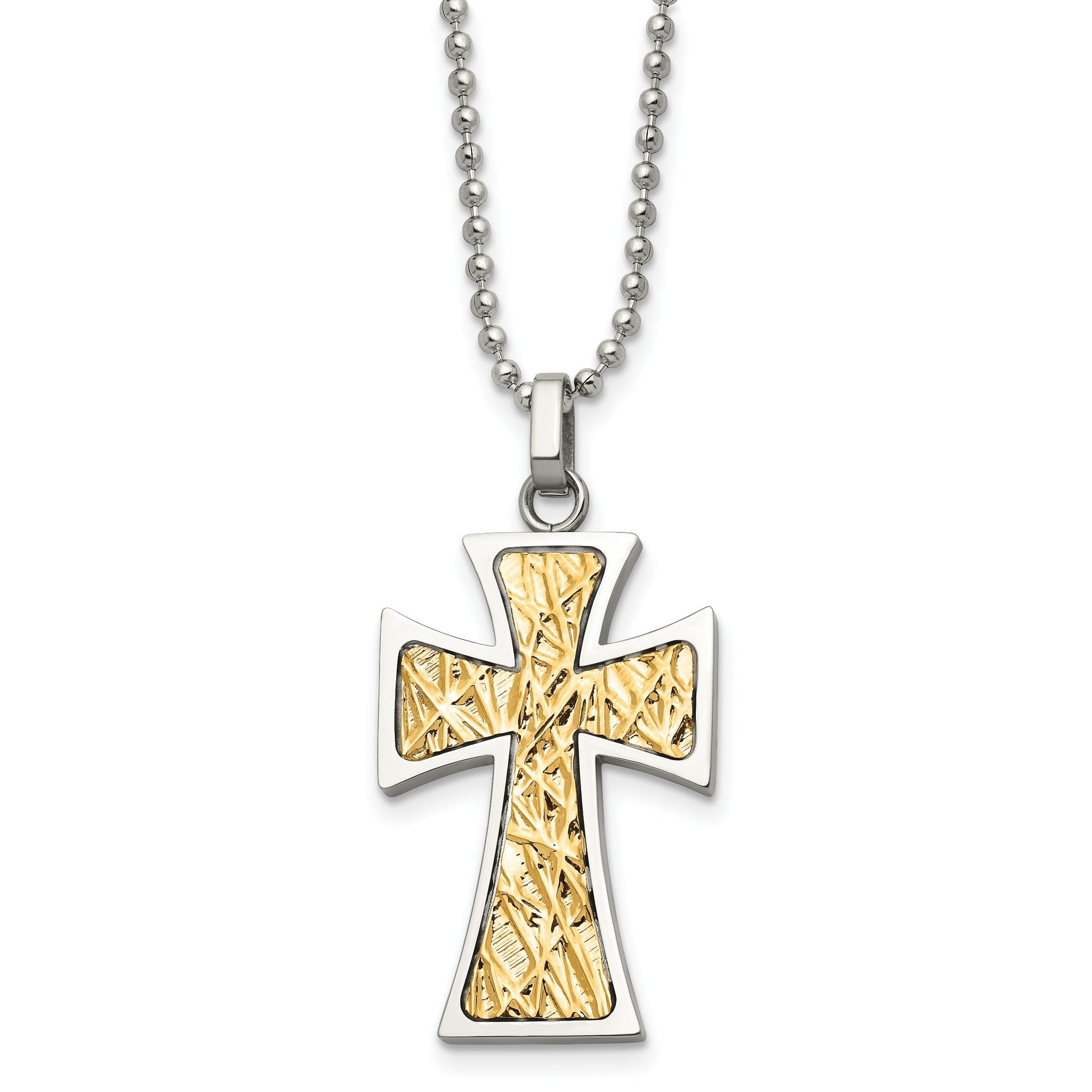 Chisel Stainless Steel Polished with 14k Gold Accent Cross Pendant on a 22 inch Ball Chain Necklace Main image