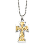 Chisel Stainless Steel Polished with 14k Gold Accent Cross Pendant on a 22 inch Ball Chain Necklace