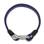 Stainless Steel Polished Black and Blue Leather Shackle Bracelet for Men