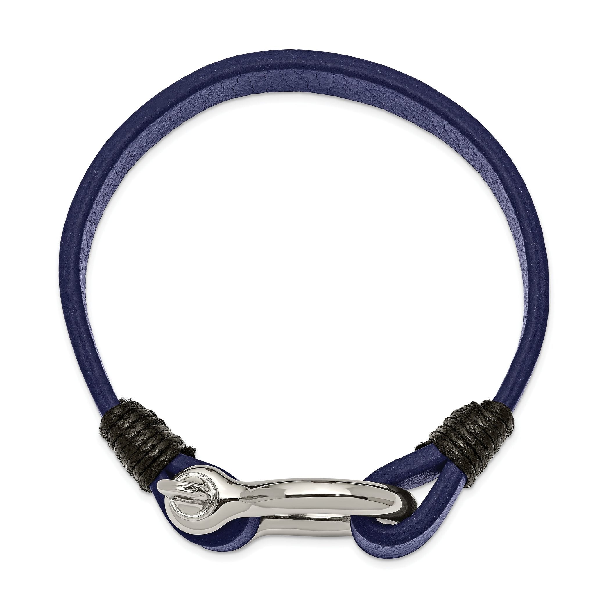 Stainless Steel Polished Black and Blue Leather Shackle Bracelet for Men