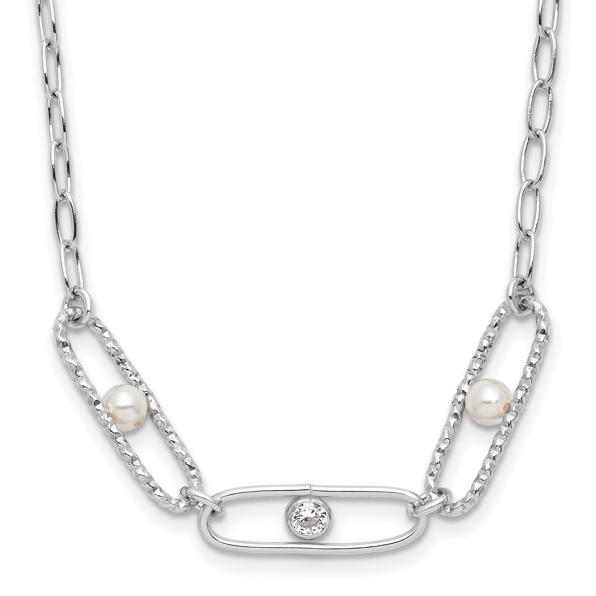 Sterling Silver Rh-plated CZ and Crystal Pearl w/2in ext. Necklace Main image