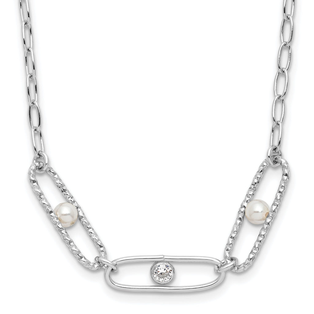 Sterling Silver Rh-plated CZ and Crystal Pearl w/2in ext. Necklace