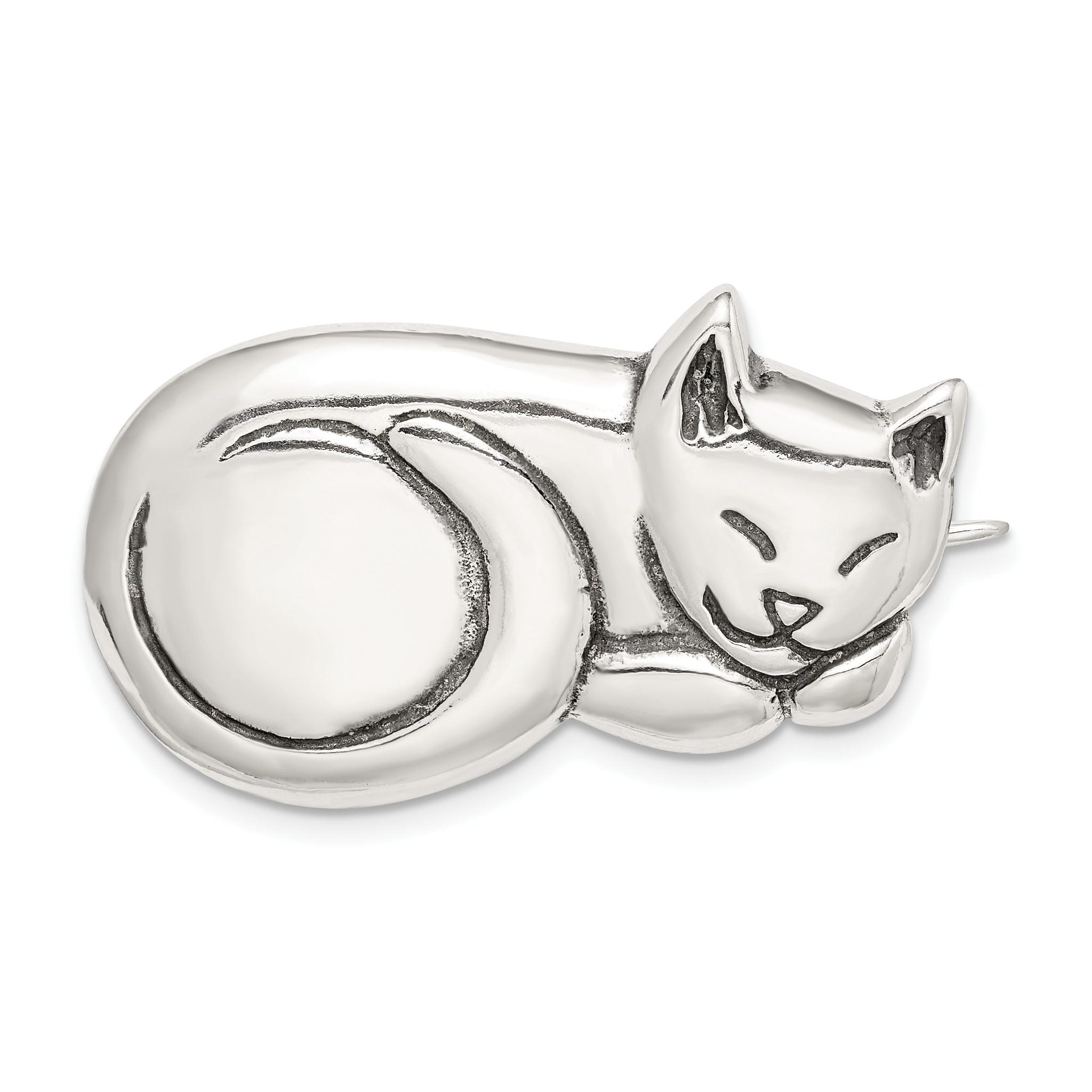 Sterling Silver 925 Antiqued Sleeping Cat Pin for Women Main image