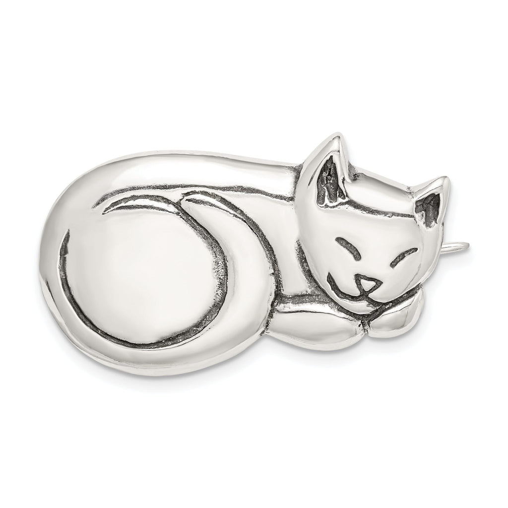 Sterling Silver 925 Antiqued Sleeping Cat Pin for Women